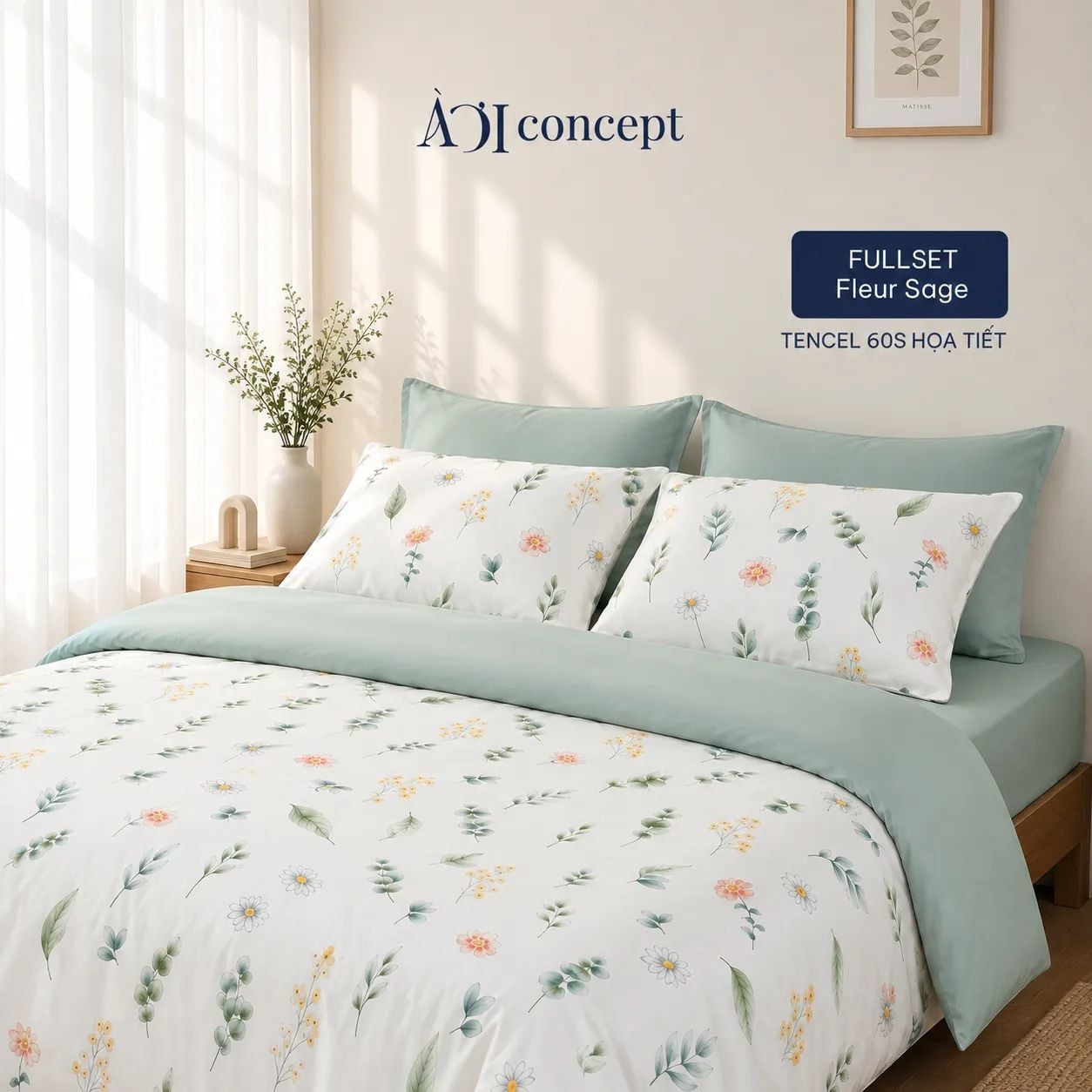  Bộ chăn ga gối Tencel 60s, họa tiết [Fleur Sage] À ƠI CONCEPT 
