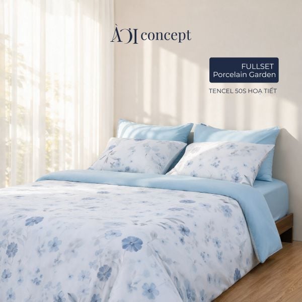  Bộ chăn ga gối 5 món Hoạ Tiết | Tencel 50s [ Porcelain Garden ] À Ơi Concept 