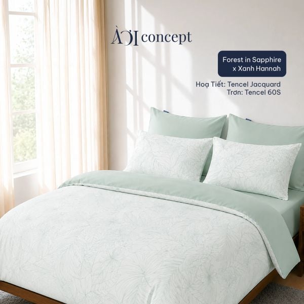  Bộ chăn ga gối | Tencel Jacquard x Tencel 60S | 5 món | Từ 1m2 đến 2m2 | Forest in Sapphire 60s x Xanh Hannah | Mềm Mại, Thấm Hút, Kháng Khuẩn 