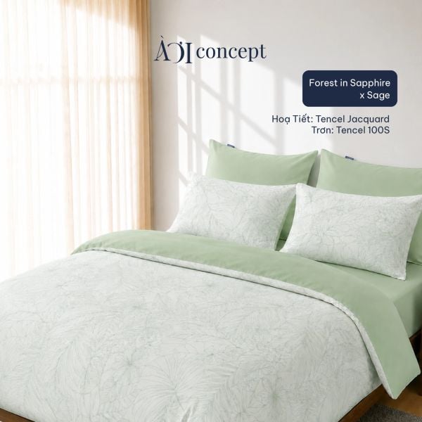  Bộ chăn ga gối | Tencel dệt kim | 5 món | Từ 1m2 - 2m2 | Forest in Sapphire x Sage | Mềm mại, Kháng khuẩn, Thấm hút 