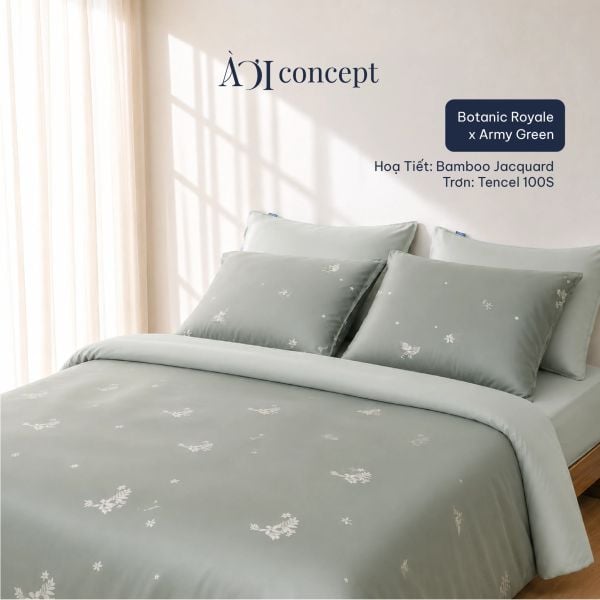  Bộ chăn ga gối | Tencel dệt kim x Tencel 100s | 5 món | Từ 1m2 - 2m2 | Botanic Royale x  Army Green | Mềm mại, Kháng khuẩn, Thấm hút 