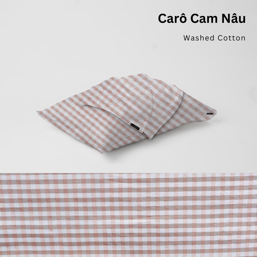 Vỏ Gối Nằm Washed Cotton Cao Cấp | Size 50x70cm | Carô Cam Nâu