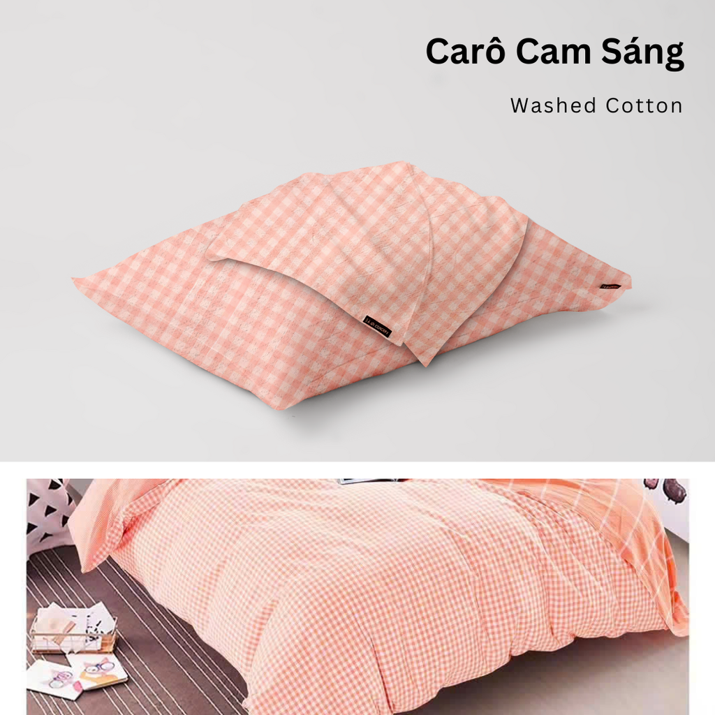 Vỏ Gối Nằm Washed Cotton Cao Cấp | Size 50x70cm | Carô Cam Sáng