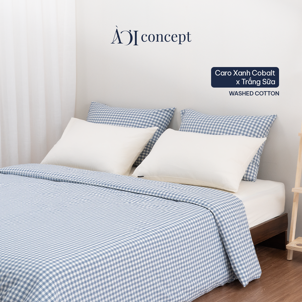  Bộ chăn ga gối 5 món Washed Cotton [ Caro Xanh Cobalt x Trắng Sữa ] À ƠI CONCEPT 