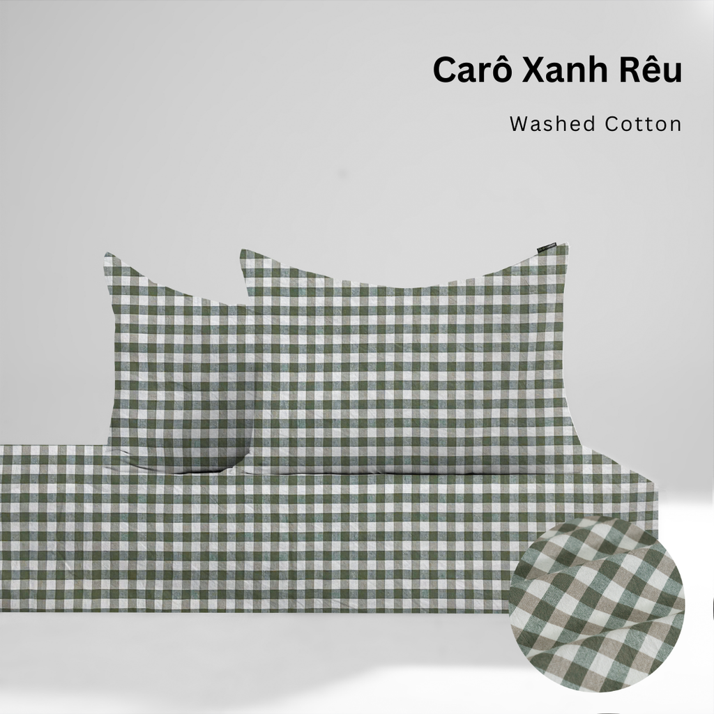 Bộ ga gối 3 món Washed Cotton [ Caro Xanh Rêu ] À ƠI CONCEPT