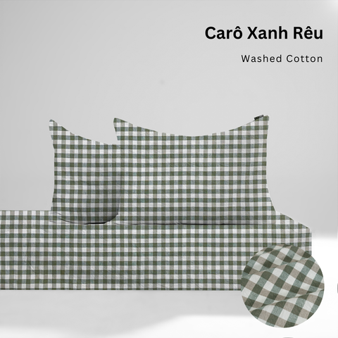  Bộ ga gối 3 món Washed Cotton [ Caro Xanh Rêu ] À ƠI CONCEPT 
