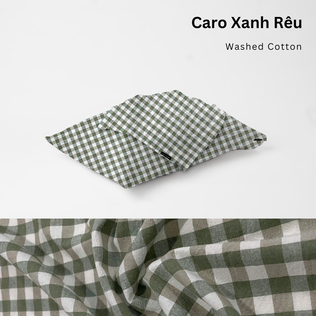 Vỏ Gối Nằm Washed Cotton Cao Cấp | Size 50x70cm | Caro Xanh Rêu