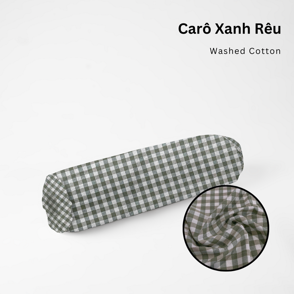 Vỏ Gối Ôm Washed Cotton | Size 37x100cm | Caro Xanh Rêu