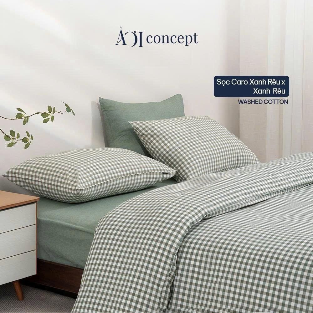 Bộ chăn ga gối 5 món Washed Cotton [ Carô Xanh Rêu] À ƠI CONCEPT