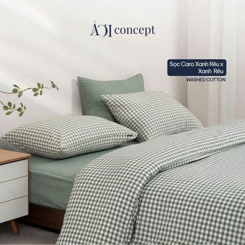  Bộ chăn ga gối 5 món Washed Cotton [ Carô Xanh Rêu] À ƠI CONCEPT 