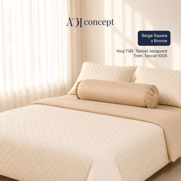  Bộ chăn ga gối | Tencel dệt kim | 5 món | Từ 1m2 - 2m2 | Beige Square x Bronze | Mềm mại, Kháng khuẩn, Thấm hút 