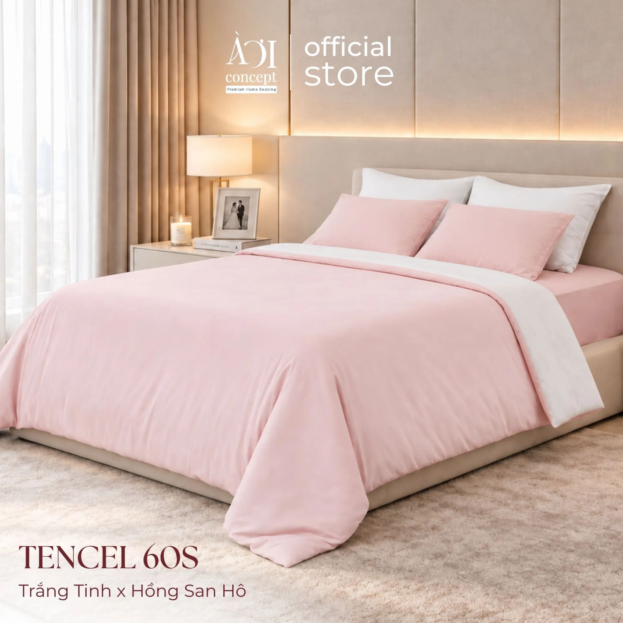  Bộ chăn ga gối Tencel 60s Morning Hug [Trắng Tinh x Hồng San Hô] À ƠI CONCEPT 