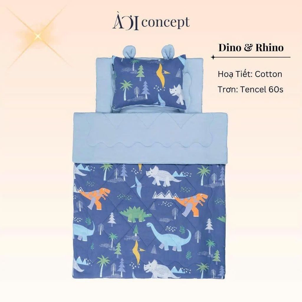 Bộ chăn gối nệm cho bé ( Mền lớn) Tencel 60s, Họa tiết Cotton [Dino & Rhino]