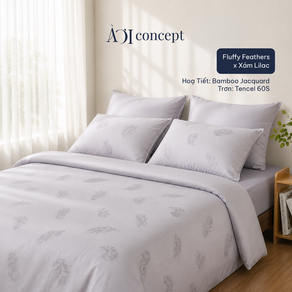  Bộ chăn ga gối | Tencel dệt kim x Tencel 60S | 5 món | Từ 1m2 đến 2m2 | Fluffy Feathers x Xám Lilac | Mềm mại, Kháng khuẩn, Thấm hút 