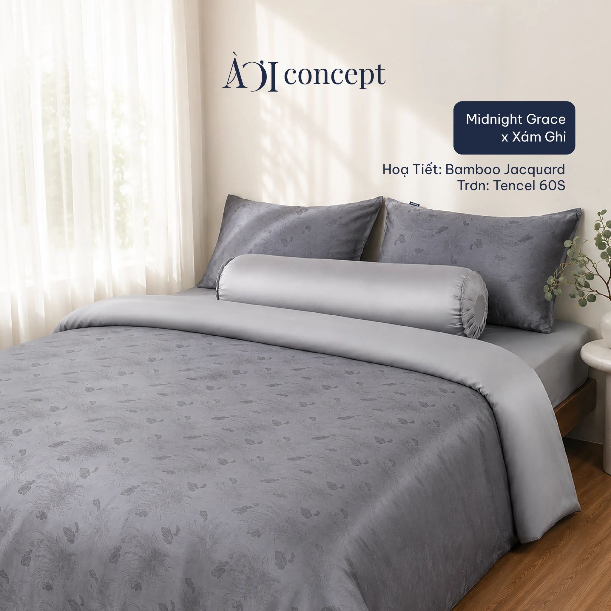  Bộ chăn ga gối | Tencel dệt kim x Tencel 60S | 5 món | Từ 1m2 đến 2m2 | Midnight Grace  x Xám Ghi | Mềm mại, Kháng khuẩn, Thấm hút 