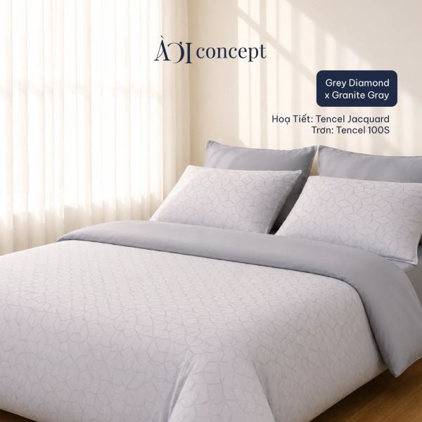  Bộ chăn ga gối | Tencel dệt kim | 5 món | Từ 1m2 - 2m2 | Grey Diamond x Granite Gray | Mềm mại, Kháng khuẩn, Thấm hút 