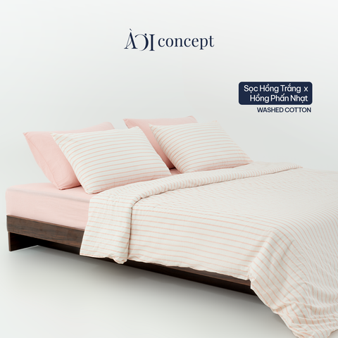  Bộ chăn ga gối 5 món Cotton Satin [ Sọc hồng nhạt trắng] À ƠI CONCEPT GGCT0006 