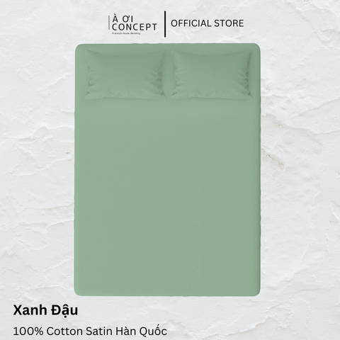  Combo 3 Ga Giường & Vỏ Gối | Cotton Satin | Xanh Đậu 