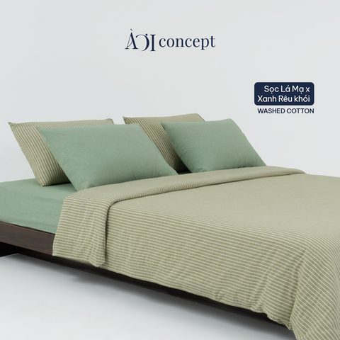 Bộ chăn ga gối 5 món Cotton Satin [ Washed sọc lá mạ] À ƠI CONCEPT GGCT00010 