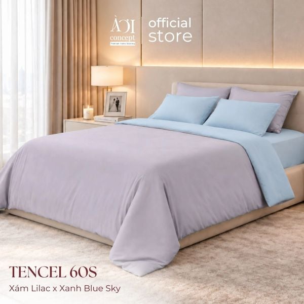  Bộ chăn ga gối Tencel 60s Soft Cloud [Xám Lilac x Xanh Blue Sky] À ƠI CONCEPT 