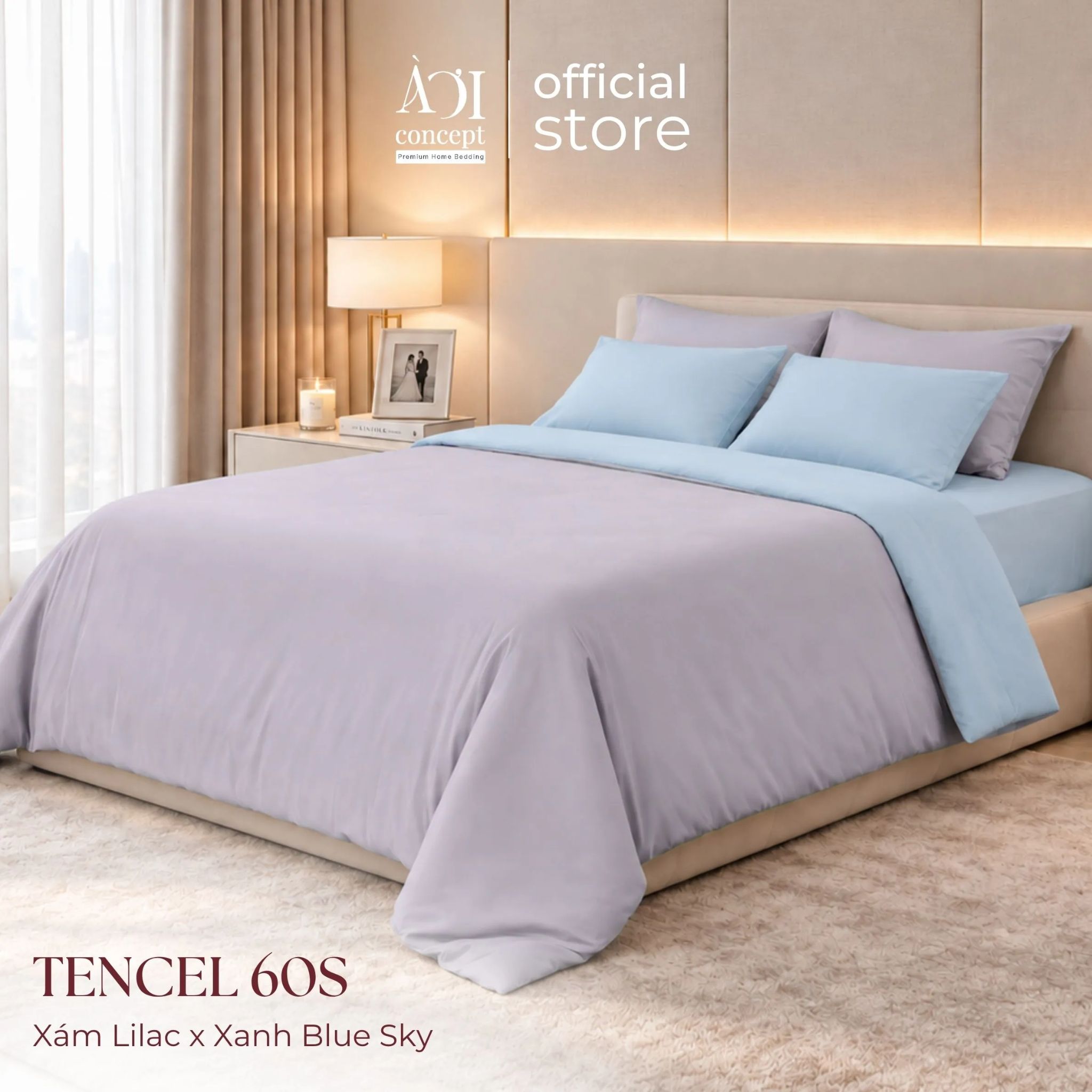  Bộ chăn ga gối Tencel 60s Soft Cloud [Xám Lilac x Xanh Blue Sky] À ƠI CONCEPT 