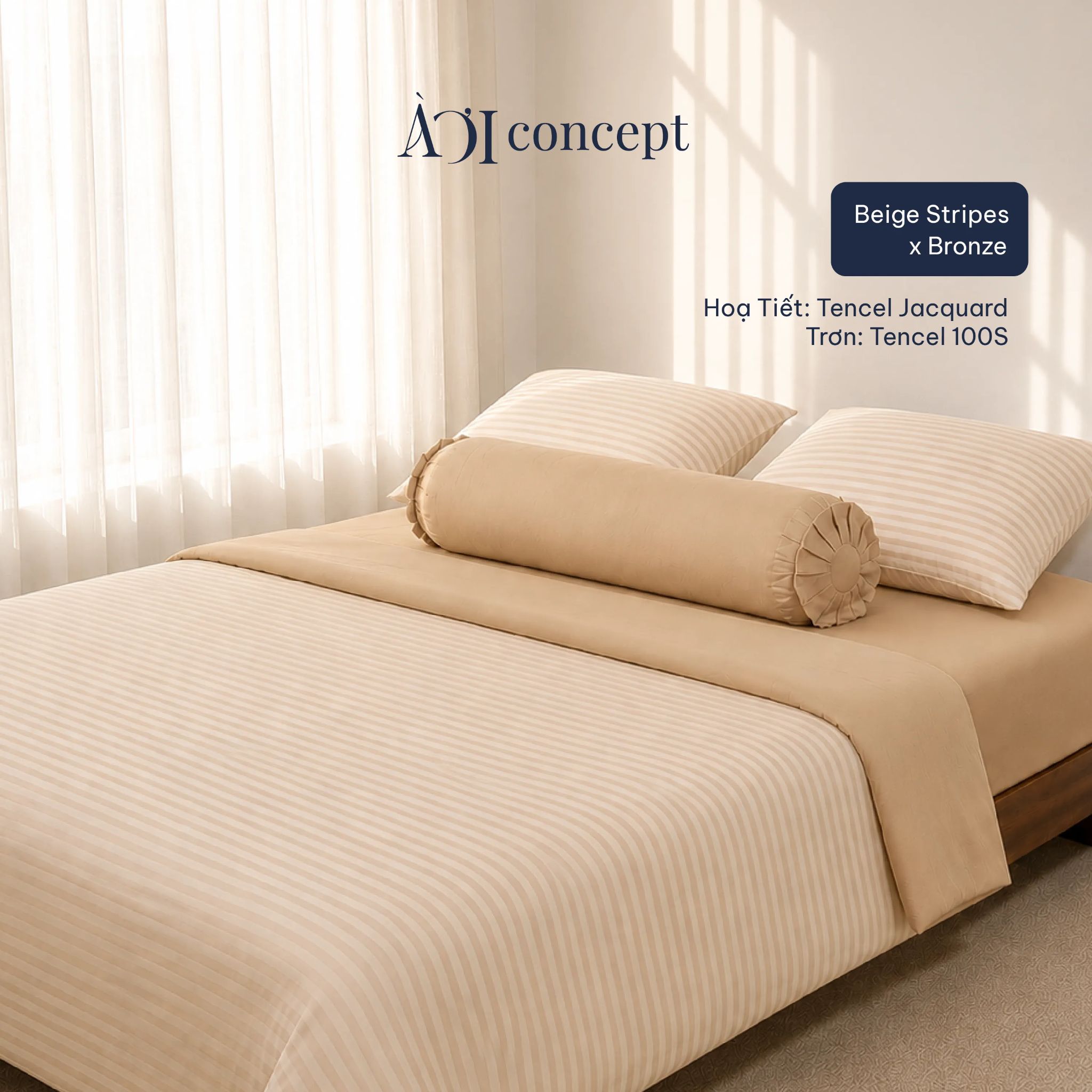 Bộ chăn ga gối | Tencel dệt kim | 5 món | Từ 1m2 - 2m2 | Beige Stripes x Bronze | Mềm mại, Kháng khuẩn, Thấm hút 