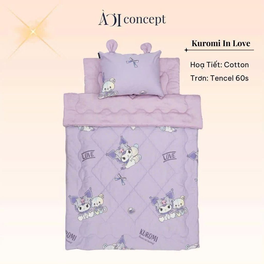 Bộ chăn gối nệm cho bé ( Mền lớn) Tencel 60s, Họa tiết Cotton [ Kuromi In Love]