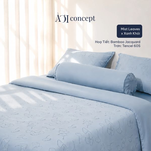  Bộ chăn ga gối | Tencel dệt kim x Tencel 60S | 5 món | Từ 1m2 đến 2m2 | Mist Leaves x Xanh Khói | Mềm mại, Kháng khuẩn, Thấm hút 