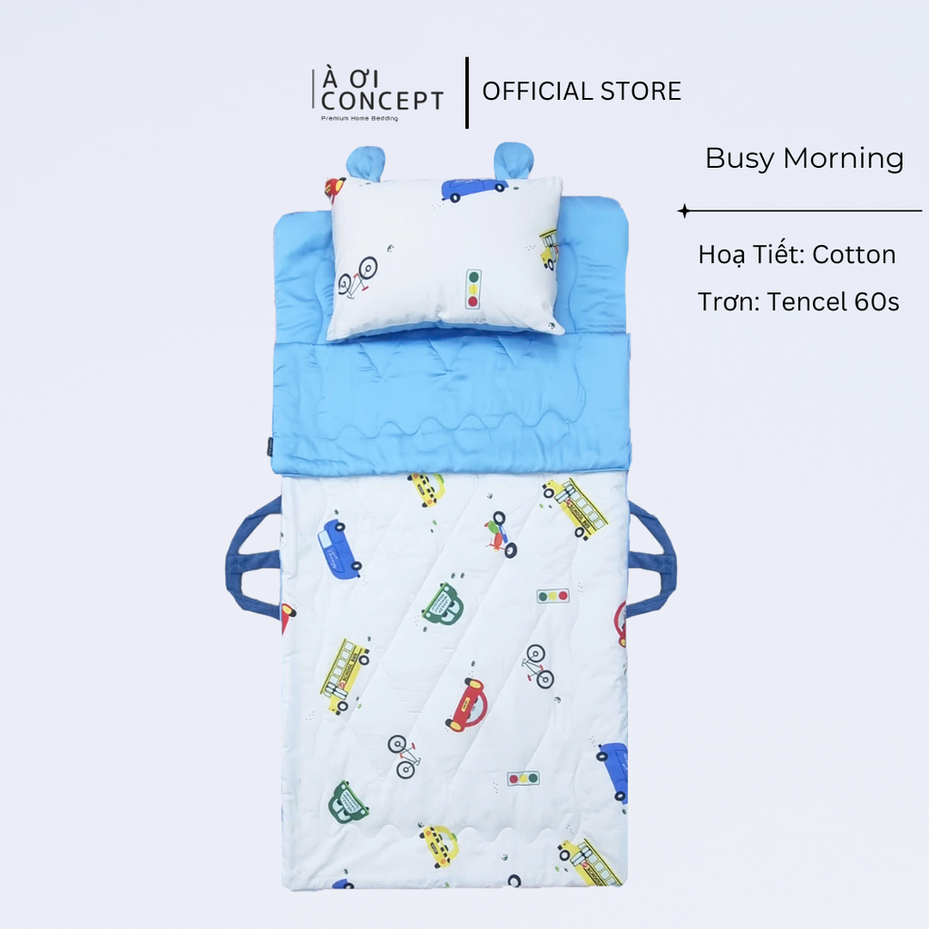 Bộ chăn gối nệm cho bé Tencel 60s, Họa tiết Cotton [ Busy Morning] À ƠI CONCEPT CGCB0001