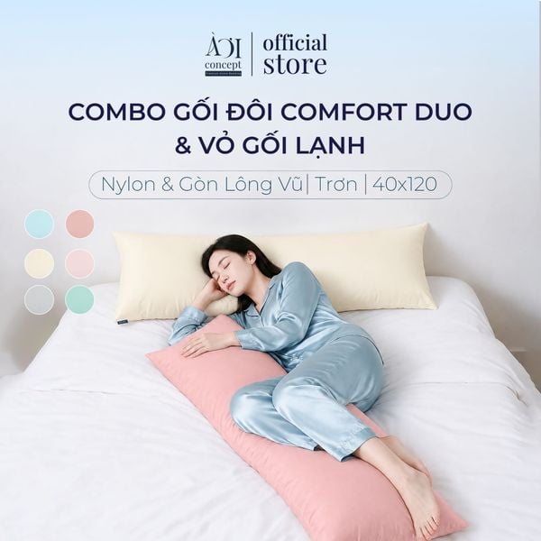  Combo Gối Đôi Comfort Duo và Vỏ Gối Lạnh | 40 x 120cm | Trơn | 6 Màu 