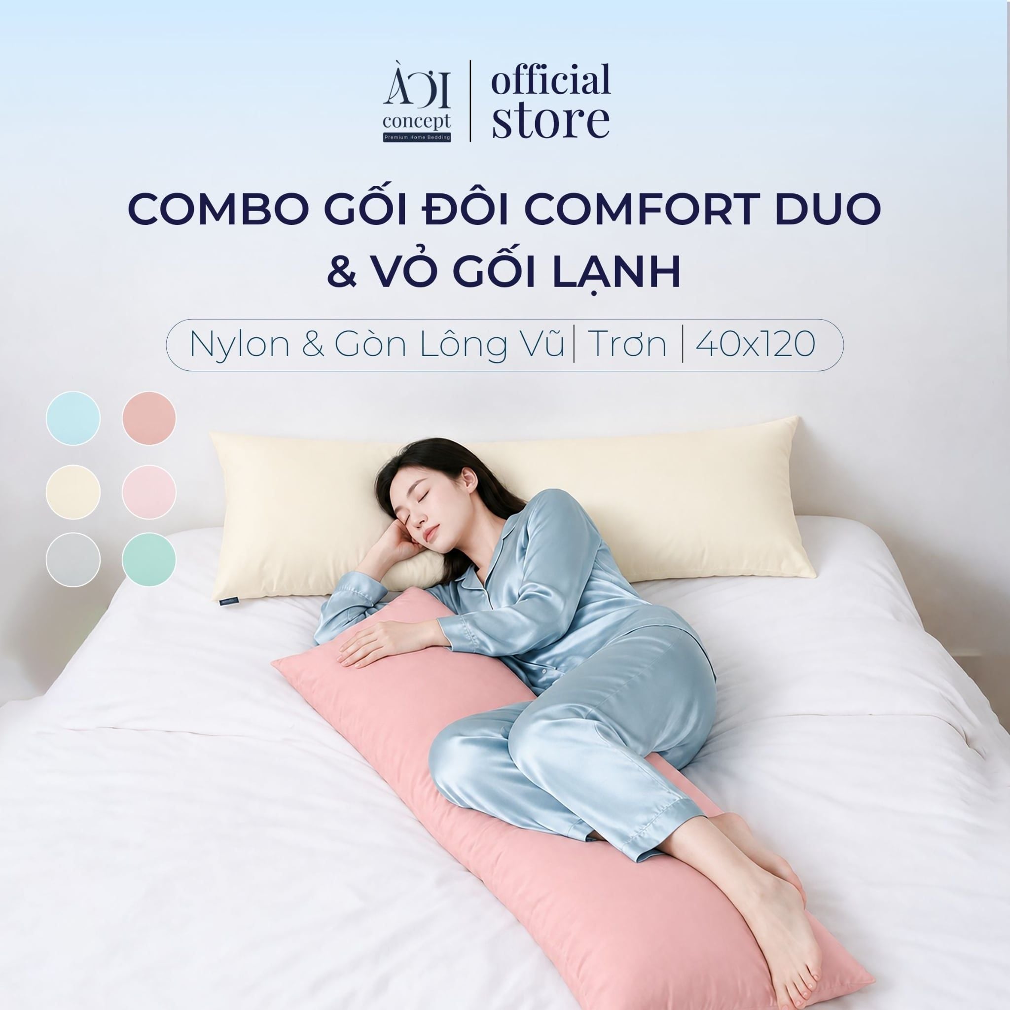  Combo Gối Đôi Comfort Duo và Vỏ Gối Lạnh | 40 x 120cm | Trơn | 6 Màu 