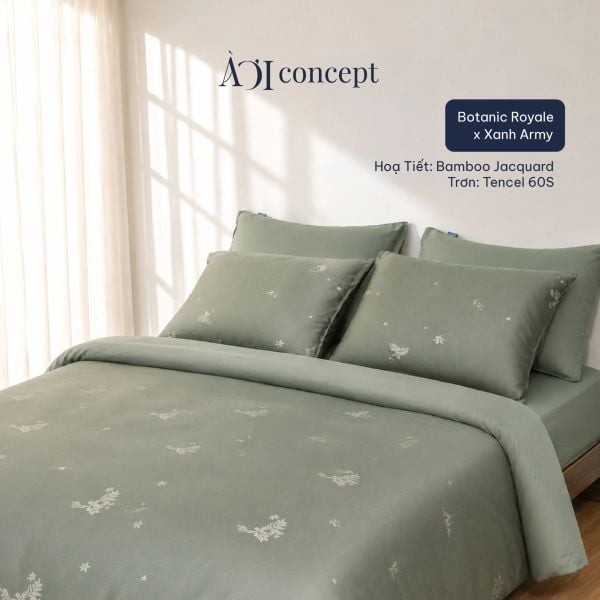  Bộ chăn ga gối | Tencel dệt kim x Tencel 60S | 5 món | Từ 1m2 đến 2m2 | Botanic Royale x Xanh Army | Mềm mại, Kháng khuẩn, Thấm hút 