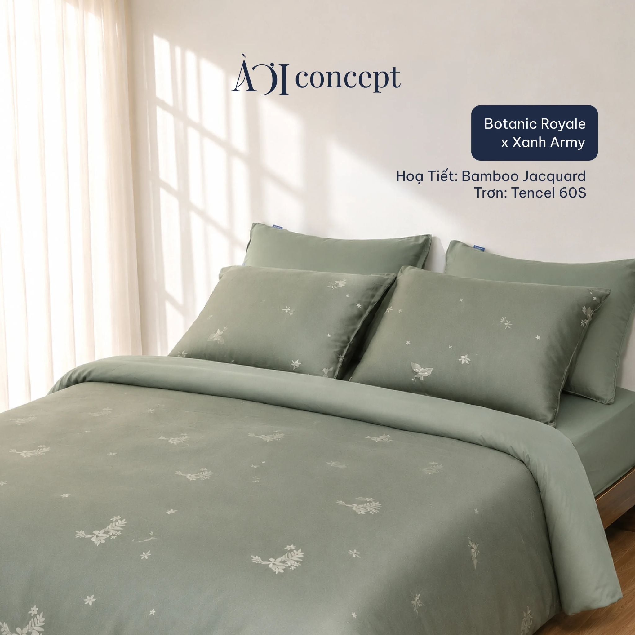  Bộ chăn ga gối | Tencel dệt kim x Tencel 60S | 5 món | Từ 1m2 đến 2m2 | Botanic Royale x Xanh Army | Mềm mại, Kháng khuẩn, Thấm hút 