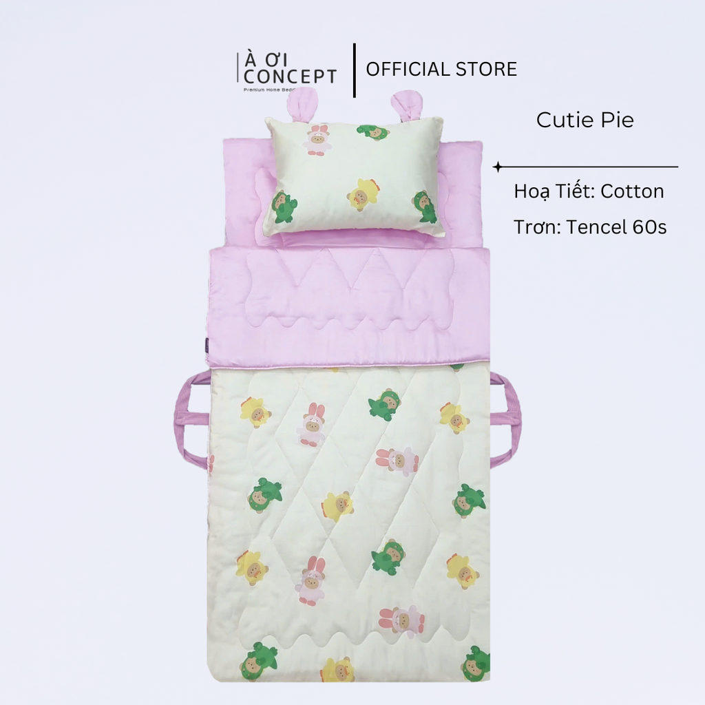 Bộ chăn gối nệm cho bé Tencel 60s, Họa tiết Cotton [ Cutie Pie] À ƠI CONCEPT CGCB00010