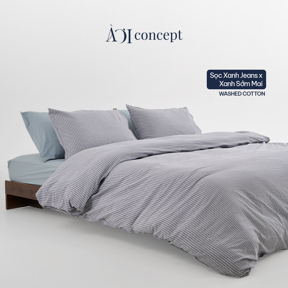 Bộ chăn ga gối 5 món Cotton Satin [ Sọc xanh jeans] À ƠI CONCEPT GGCT0008