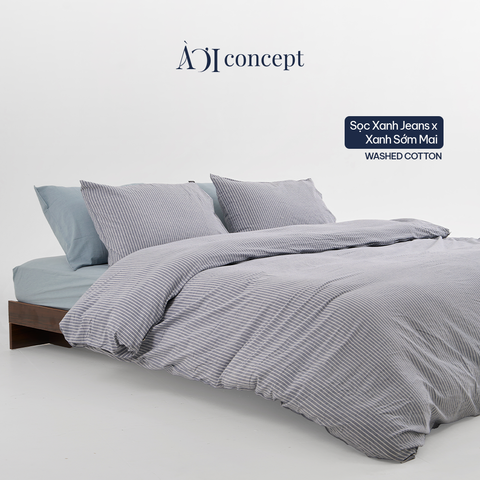  Bộ chăn ga gối 5 món Cotton Satin [ Sọc xanh jeans] À ƠI CONCEPT GGCT0008 