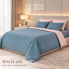  Bộ chăn ga gối Tencel 60s Muted Charm [Xám Xanh x Hồng San Hô] À ƠI CONCEPT 