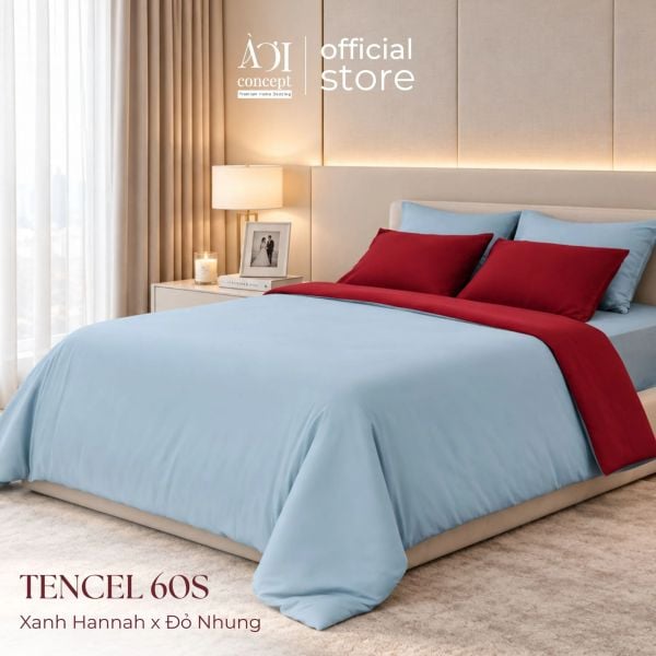  Bộ chăn ga gối Tencel 60s [Xanh Hannah x Đỏ Nhung] À ƠI CONCEPT 