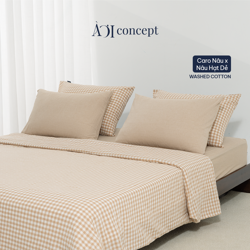 Bộ chăn ga gối 5 món Cotton Satin [ Carô Nâu x Nâu Hạt Dẻ] À ƠI CONCEPT GGCT0002