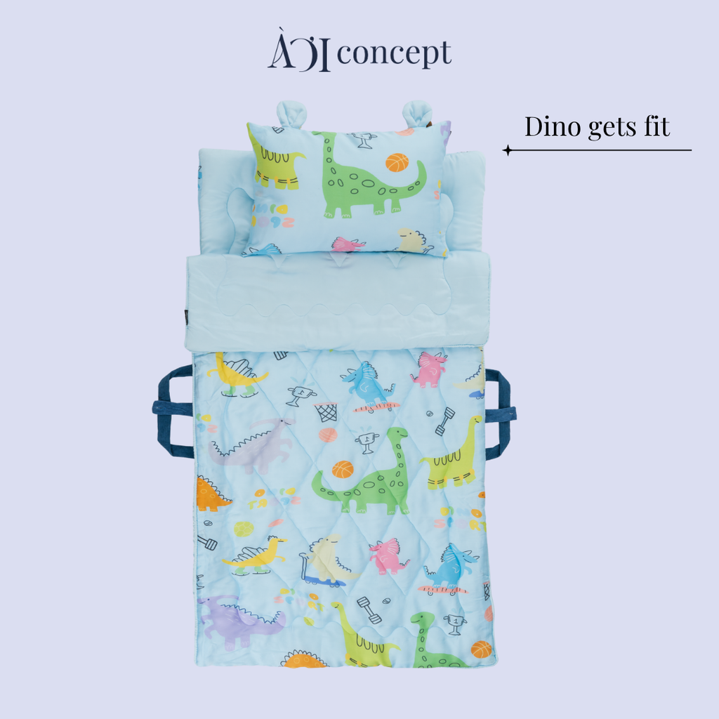 Bộ chăn gối nệm cho bé Tencel 60s, Họa tiết [ Dino gets fit] À ƠI CONCEPT CGCB00108