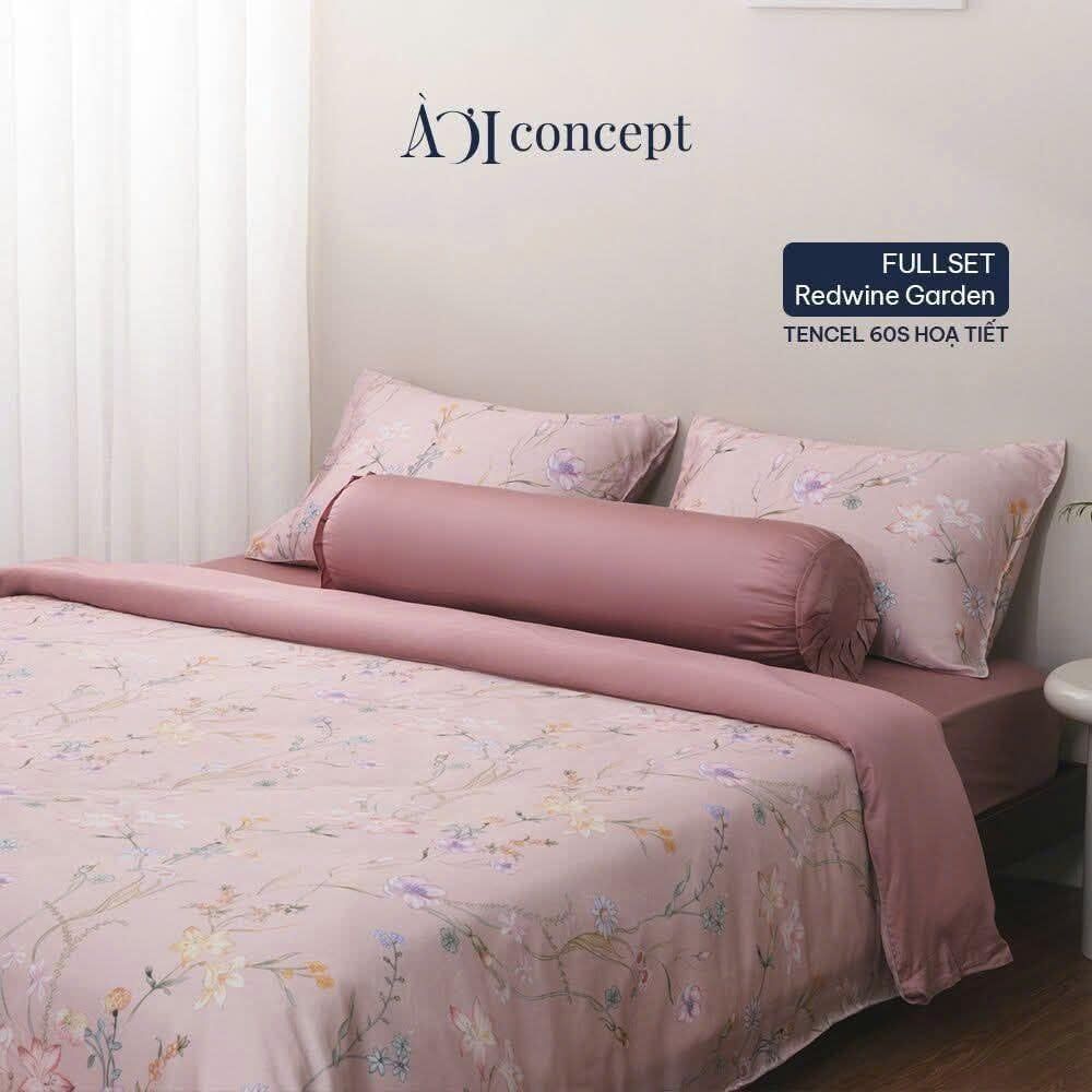 Bộ chăn ga gối Tencel hoạ tiết | 5 món | 160x200cm, 180x200cm, 200x220cm | Red Wine Garden| Mát lạnh, Mềm mịn, Trơn mướt | CGTC0005 | À Ơi Concept