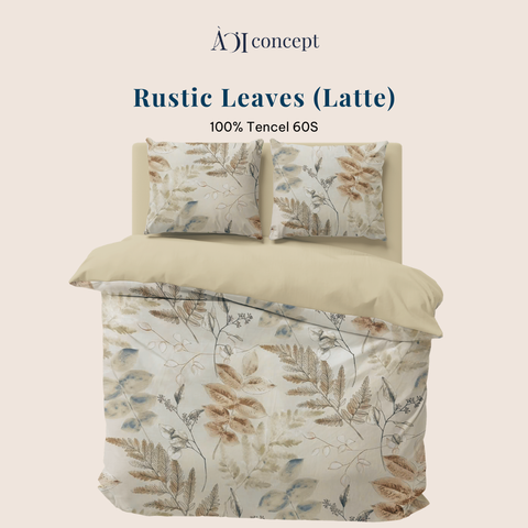  Bộ chăn ga gối Tencel 60s, họa tiết [ Rustic Leaves Latte ] À ƠI CONCEPT 