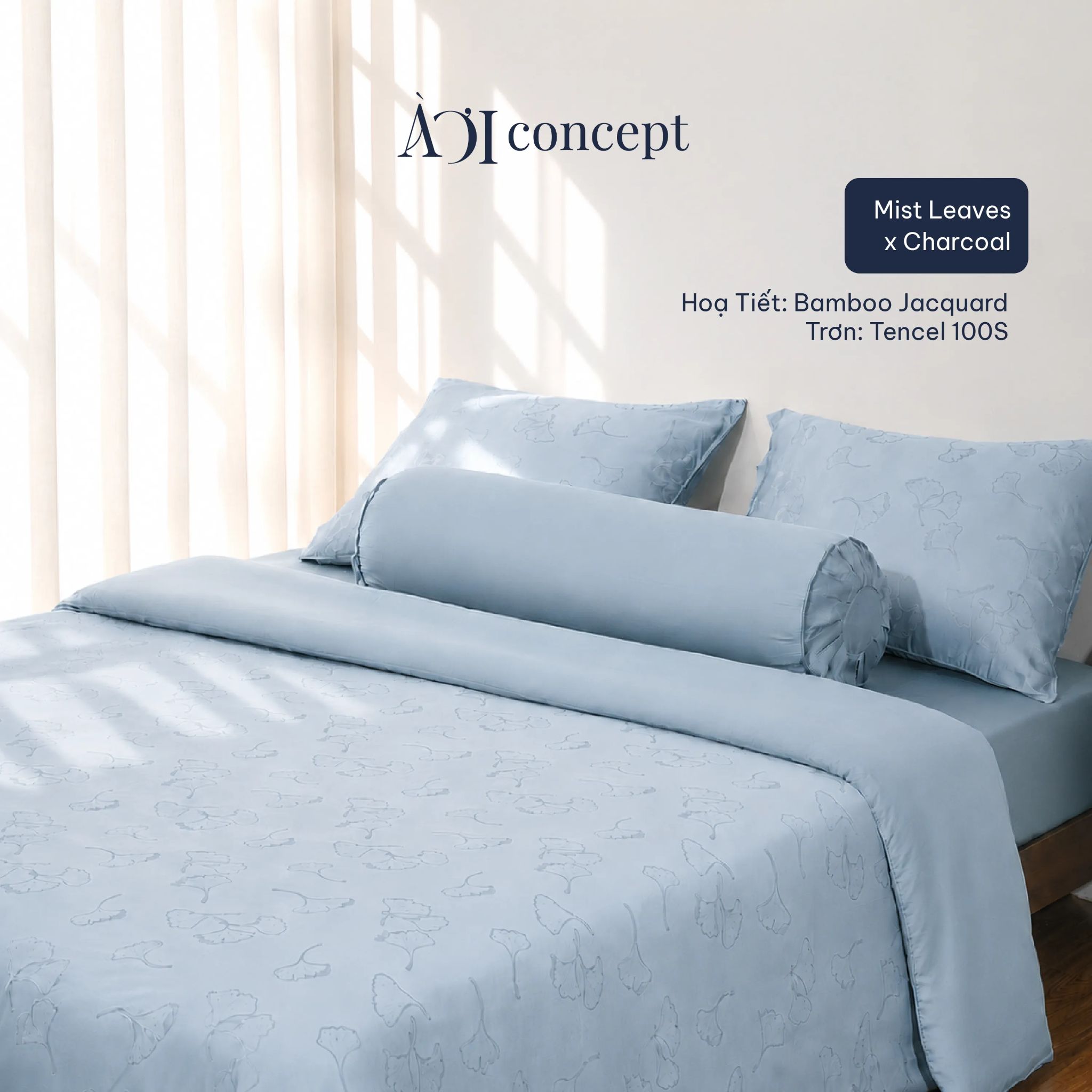  Bộ chăn ga gối | Tencel dệt kim | 5 món | Từ 1m2 - 2m2 | Mist Leaves x Charcoal | Mềm mại, Kháng khuẩn, Thấm hút 