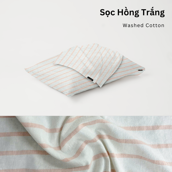  Vỏ Gối Nằm Washed Cotton Cao Cấp | Size 50x70cm | Sọc Hồng Trắng 