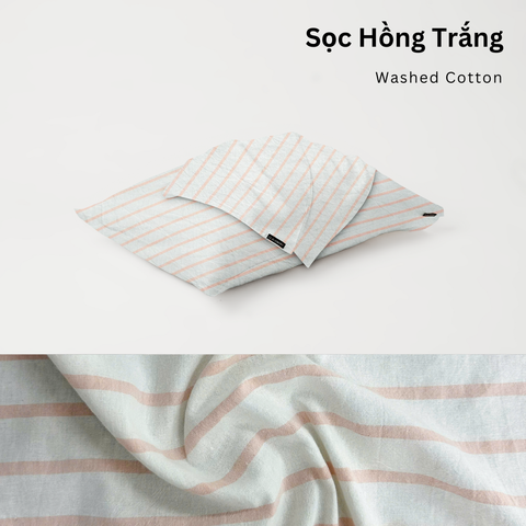 Vỏ Gối Nằm Washed Cotton Cao Cấp | Size 50x70cm | Sọc Hồng Trắng 