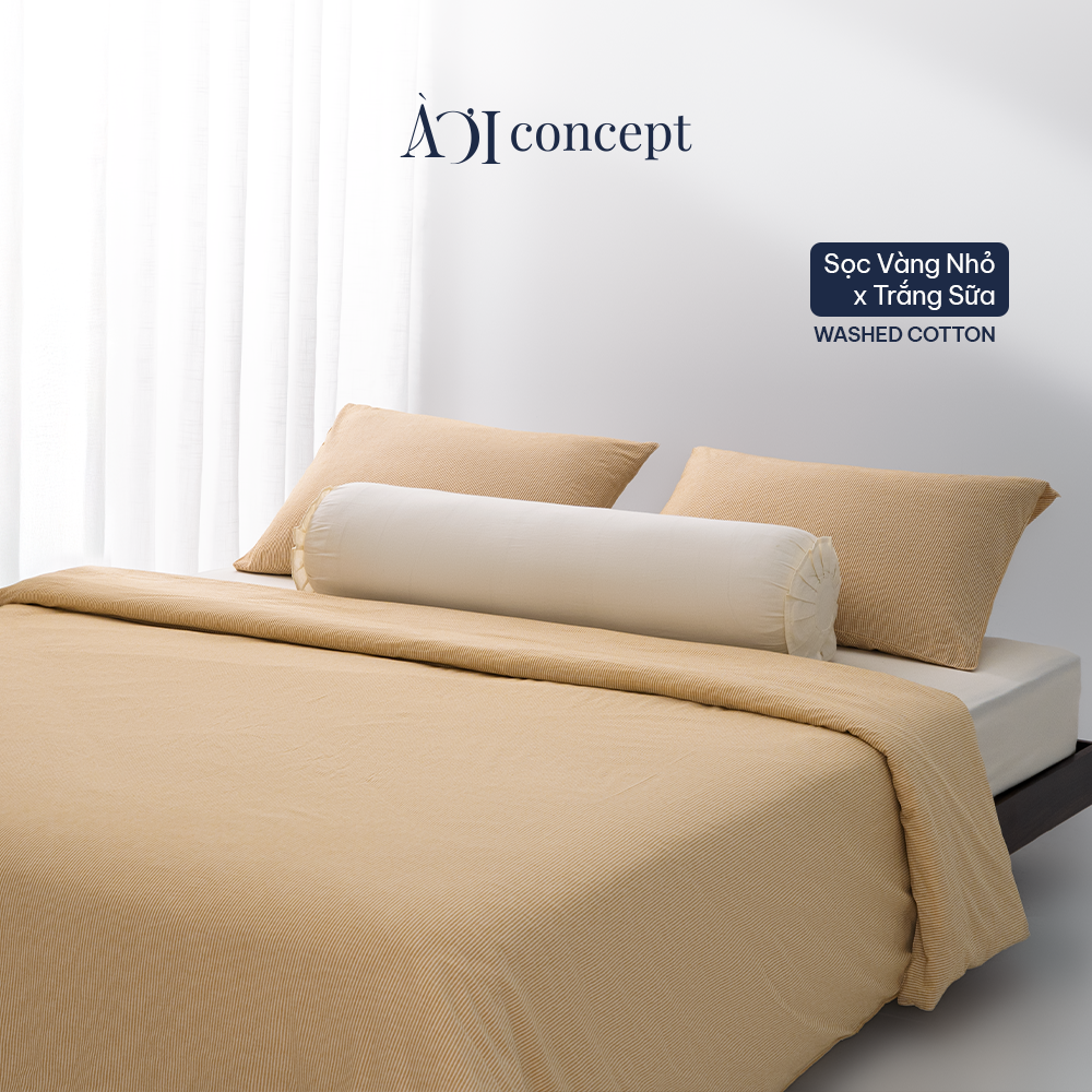  Bộ chăn ga gối 5 món Washed Cotton [ Sọc Vàng Nhỏ x Trắng Sữa ] À ƠI CONCEPT 