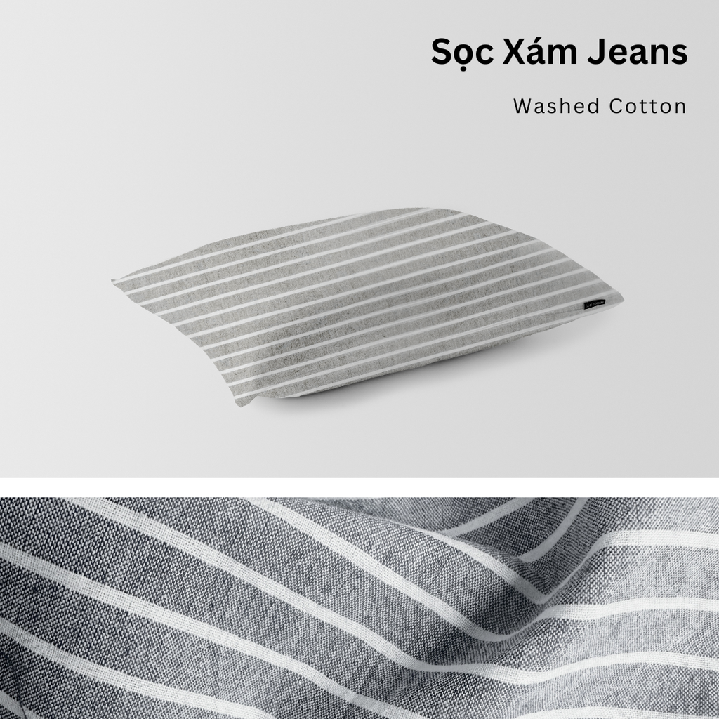 Vỏ Gối Nằm Washed Cotton Cao Cấp | Size 50x70cm | Sọc Xám Jeans