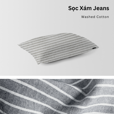 Vỏ Gối Nằm Washed Cotton Cao Cấp | Size 50x70cm | Sọc Xám Jeans 