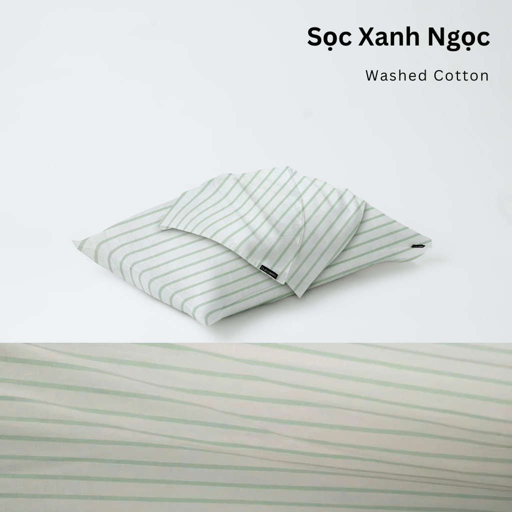 Vỏ Gối Nằm Washed Cotton Cao Cấp | Size 50x70cm | Sọc Xanh Ngọc