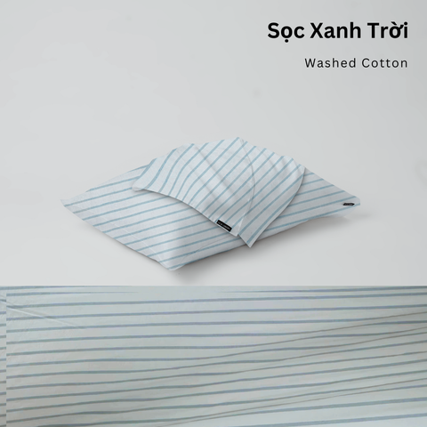  Vỏ Gối Nằm Washed Cotton Cao Cấp | Size 50x70cm | Sọc Xanh Trời 